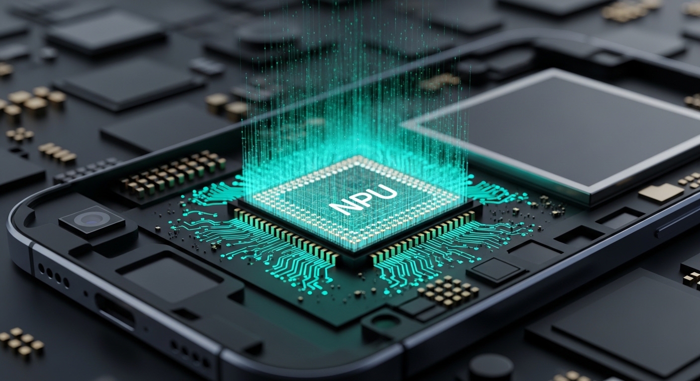 A macro shot of a futuristic AI microchip (NPU) being integrated into a sleek, modern smartphone. The chip glows with neon teal energy, sending data pulses throughout the device. Ultra-detailed, tech-noir style, 8k, bokeh background.