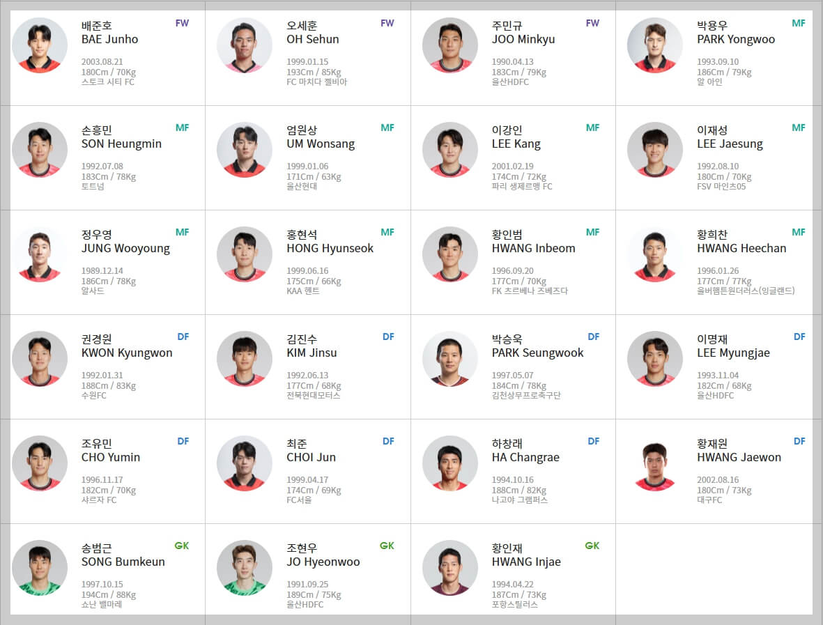 [한국 vs 싱가포르] 축구 대표팀 명단과 일정, TV중계방송