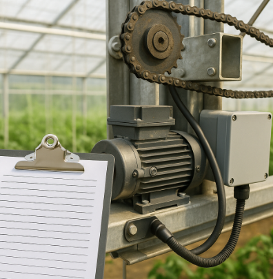 온실 내부 자동화 장비의 모터와 체인 구동 장치를 점검하는 모습, 옆에는 점검 체크리스트가 놓여 있음