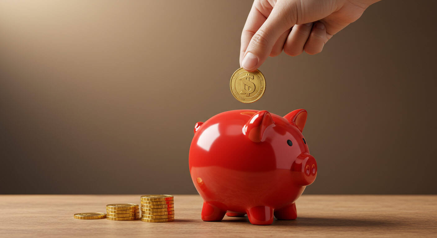 빨간돼지저금통에 코인을 넣고 있고 저금통옆에는 코인이 쌓여있다