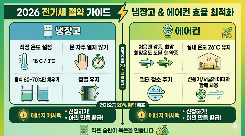 2026년 최신 전기요금 절약 가이드, 여름 대비 냉장고 및 에어컨 에너지 효율 최적화 전략, 한전 에너지 캐시백 신청법 및 대기전력 차단 팁 - 에코머니가이드