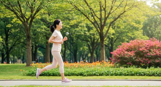 골다공증에 좋은 비타민 D합성을 위해 햇빛을 받으며 러닝을 하는 한국 여성