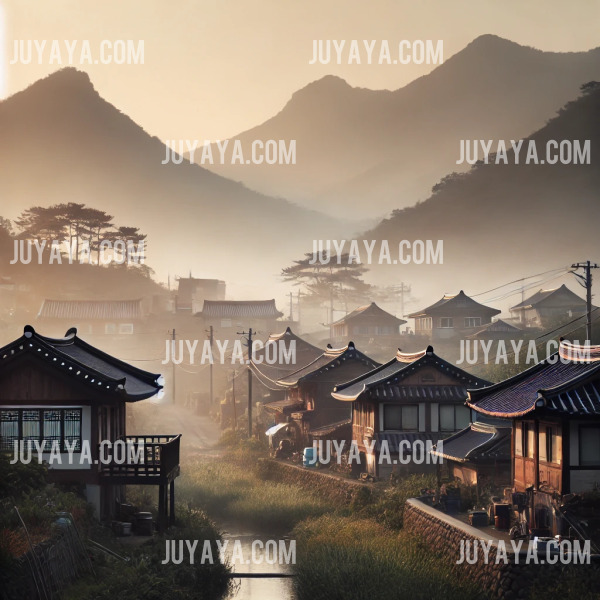 A quiet morning in a Cheongsando Island village with traditional Korean houses and misty mountains in the background.