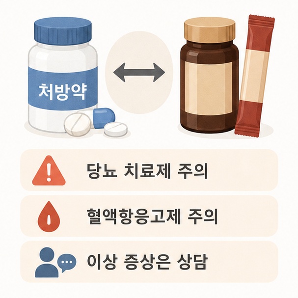 당뇨 치료제나 혈액항응고제를 복용하는 경우 홍삼 섭취 전에 전문가와 상의하고 이상 증상을 확인하는 모습을 보여주는 그림