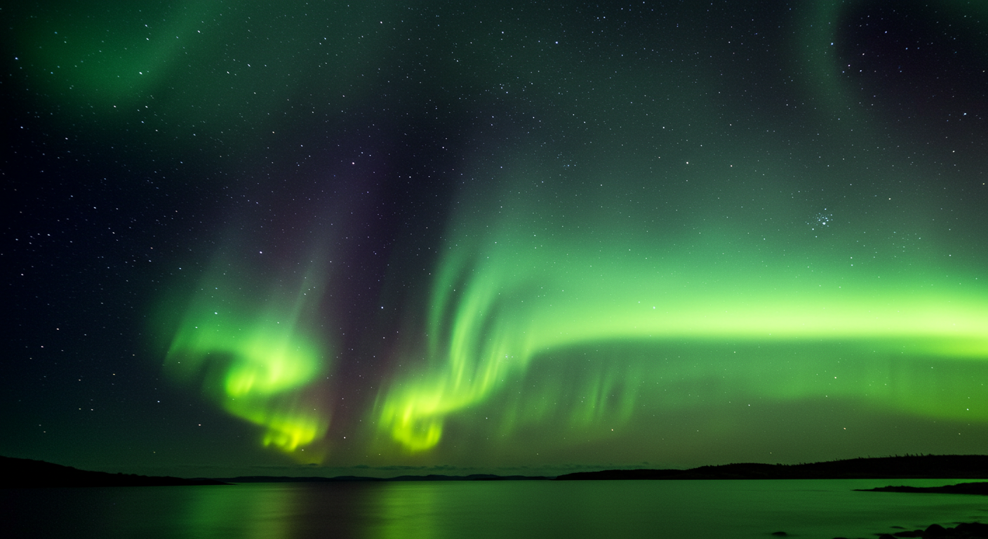 초록색 오로라가 밤하늘을 밝히는 모습. 극지방에서 태양풍과 지구 자기장의 상호작용으로 발생한 자연현상