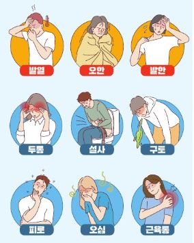 말라리아의 대표증상인 발열, 오한,발한 등 9가지 증상을그림으로 표현하였습니다.