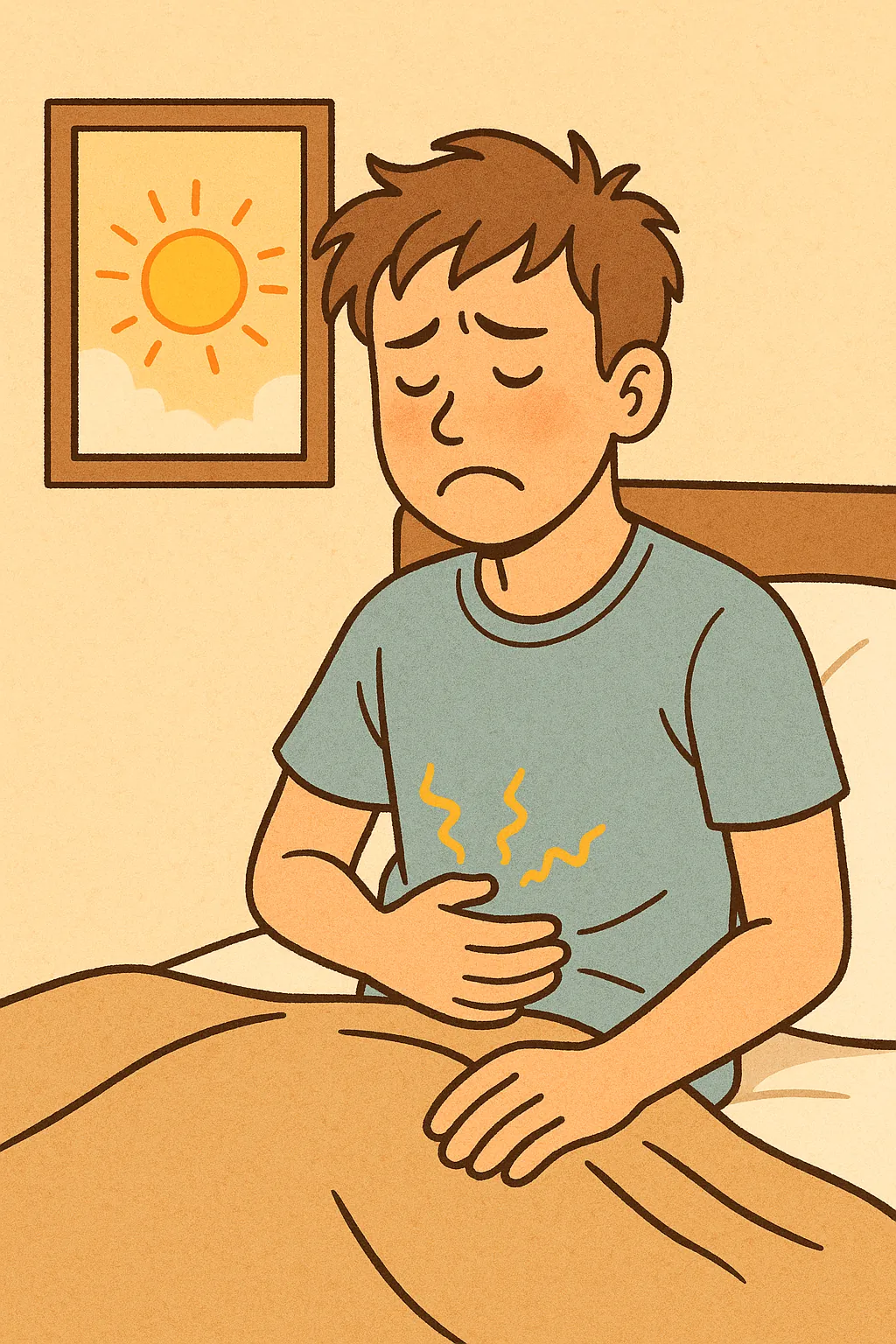 아침-햇살을-받으며-배를-부여잡고-불편해하는-남성-일러스트