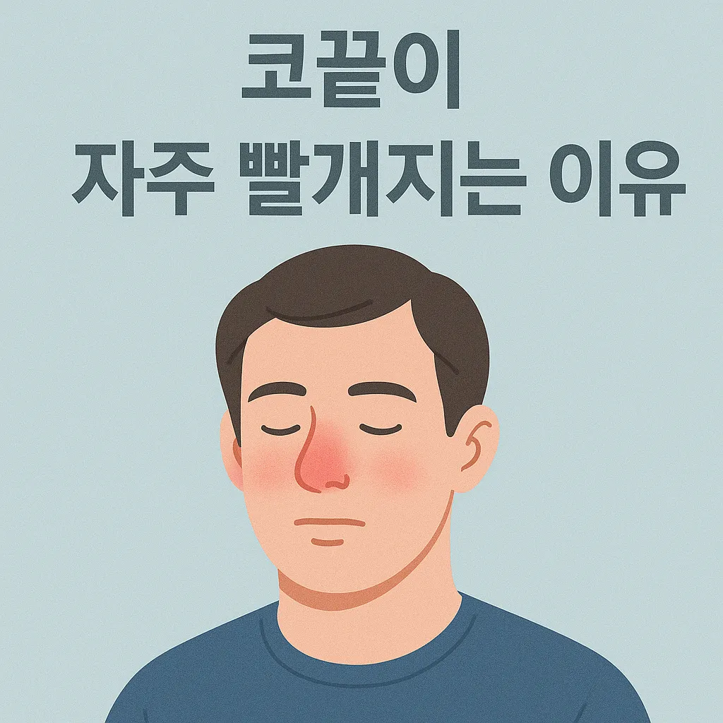 코끝이 빨갛게 변한 사람의 클로즈업 일러스트, 상단에 '코끝이 자주 빨개지는 이유' 텍스트