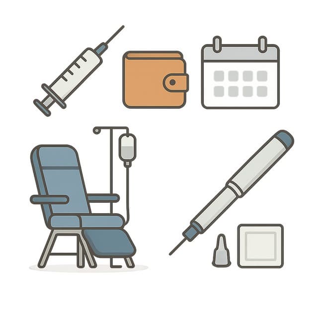 주사기와 지갑, 달력 아이콘이 나란히 배치되고 한쪽에는 병동 의자·정맥주사, 다른쪽에는 자가 피하주사 장치가 표현된 균형 잡힌 콜라주