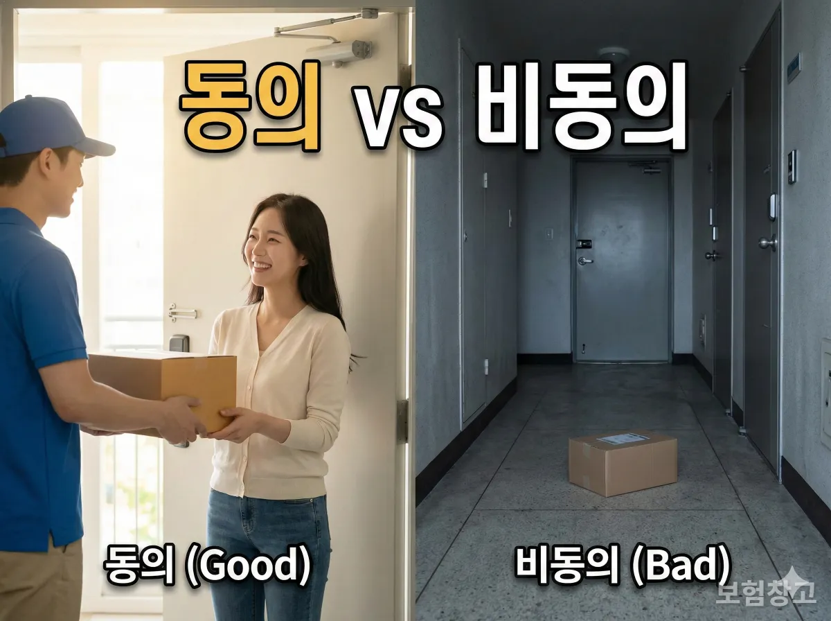 대면 배송과 문 앞 임의 배송의 차이를 보여주는 비교 이미지