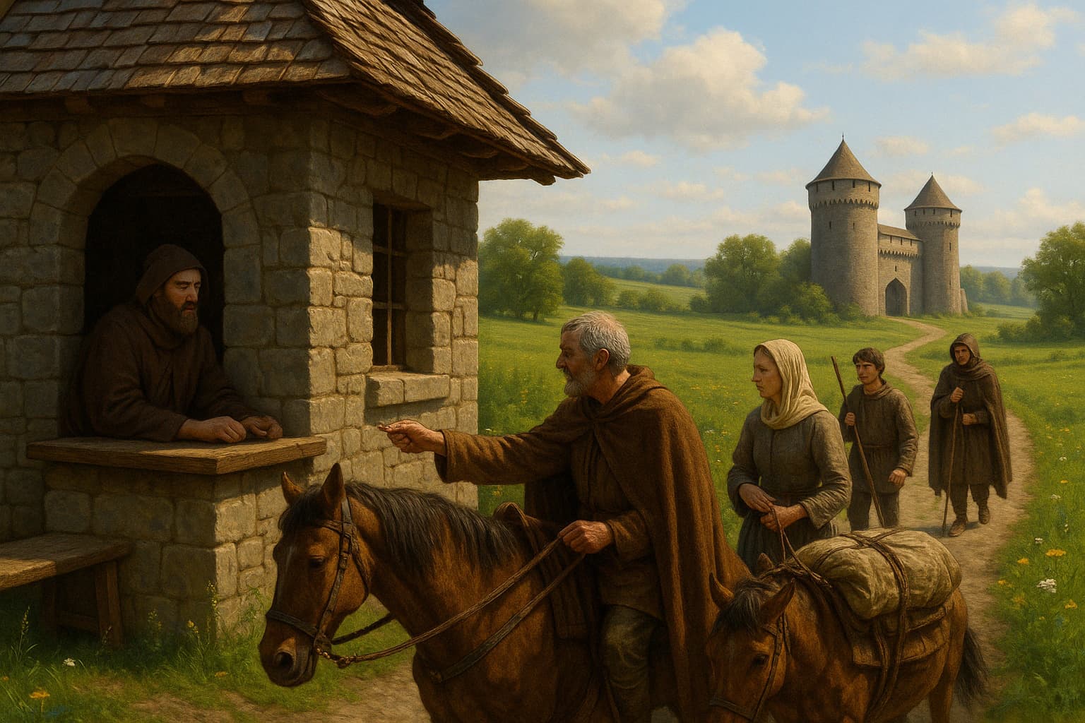 중세 유럽 봉건사회에서 통행세를 내고 있는 사람과 그 일행