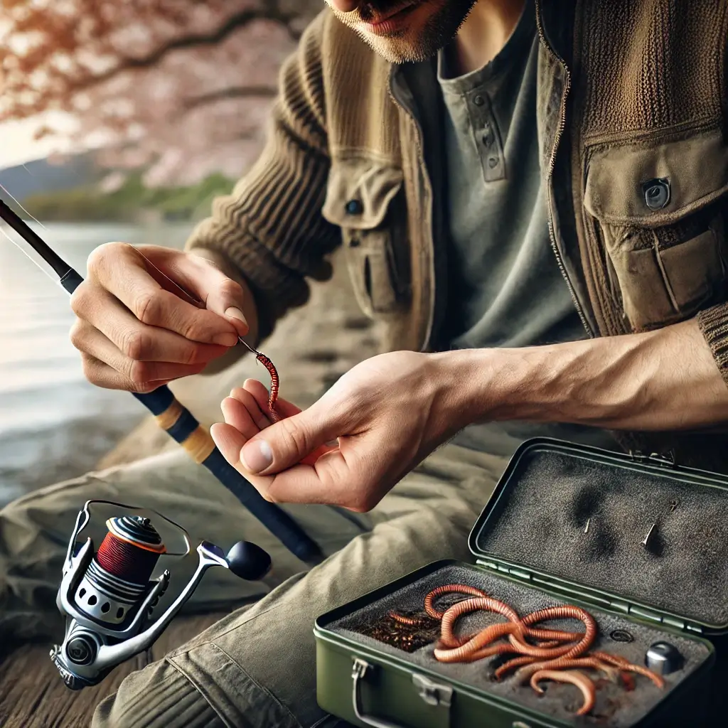 낚시 미끼를 끼우는 남성의 손 모습