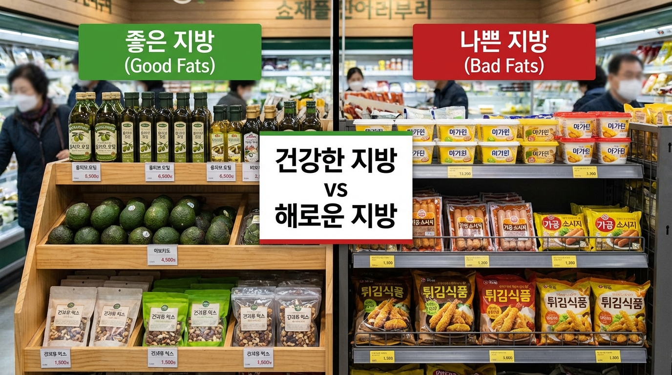 올리브유, 아보카도 등 좋은 지방과 마가린, 소시지 등 나쁜 지방을 비교하는 마트 진열대 모습