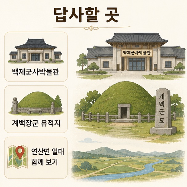 황산벌 역사 답사 장소로 백제군사박물관과 계백장군 유적지, 논산 연산면 일대를 함께 둘러보는 방법을 표현한 이미지