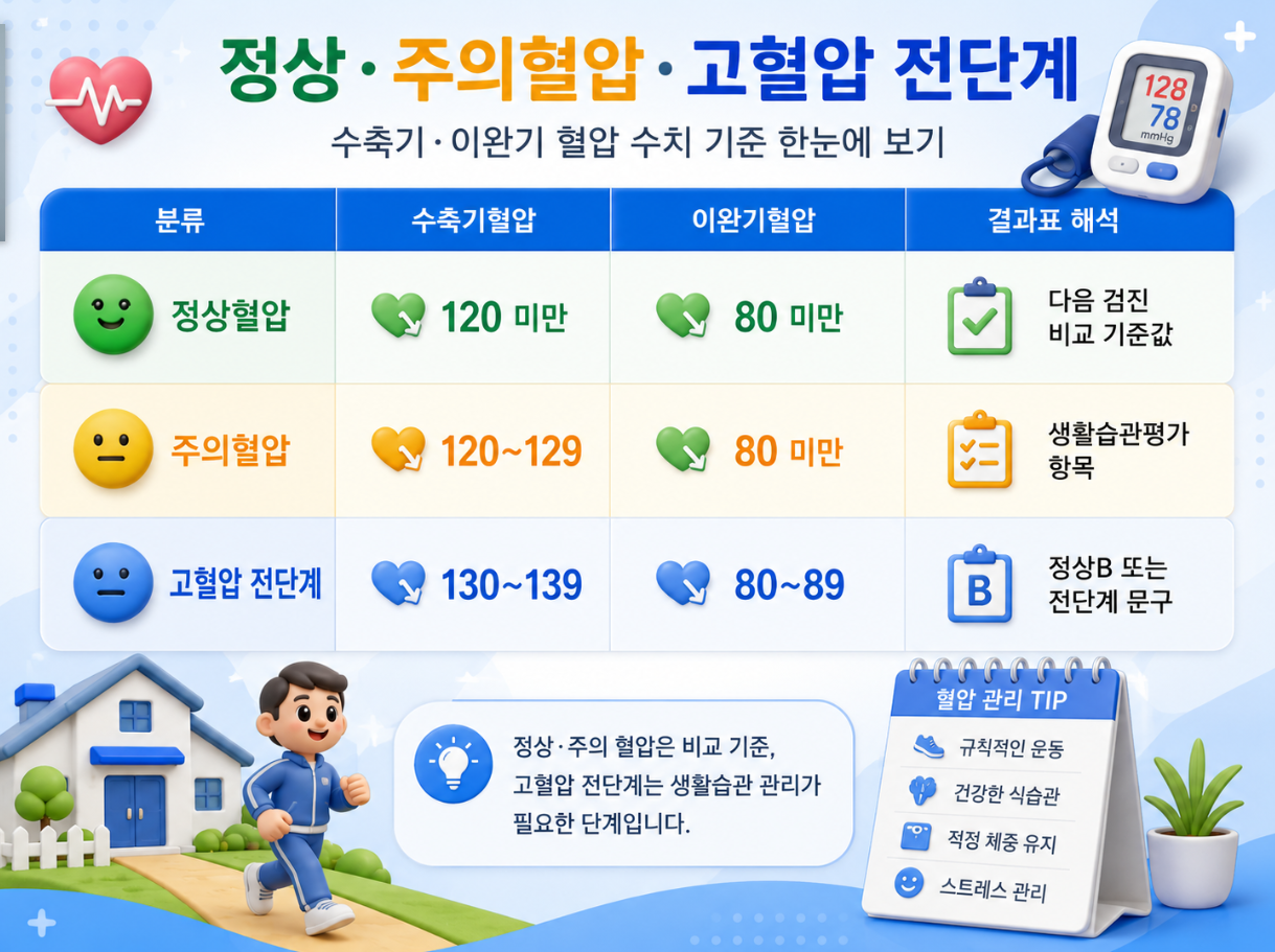정상혈압·주의혈압·고혈압 전단계의 수축기혈압과 이완기혈압 기준을 표로 정리한 장난감 스타일 인포그래픽