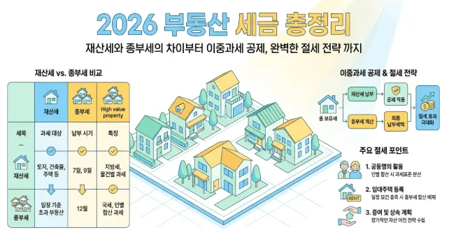 종부세 과세대상: 2026년 재산세와 종부세의 차이를 비교 정리한 대표 인포그래픽. 왼쪽에는 재산세와 종부세의 세력&middot;과세대상&middot;납부시기 차이를 표로 비교하고 오른쪽에는 이중과세 공제 흐름과 공동명의 활용&middot;임대주택 등록&middot;증여 및 상속 계획 등 주요 절세 포인트를 아이콘과 함께 정리한 이미지. 종부세 과세대상 기준과 재산세 종부세 차이 및 절세 전략을 시각적으로 전달하는 블로그 대표 이미지