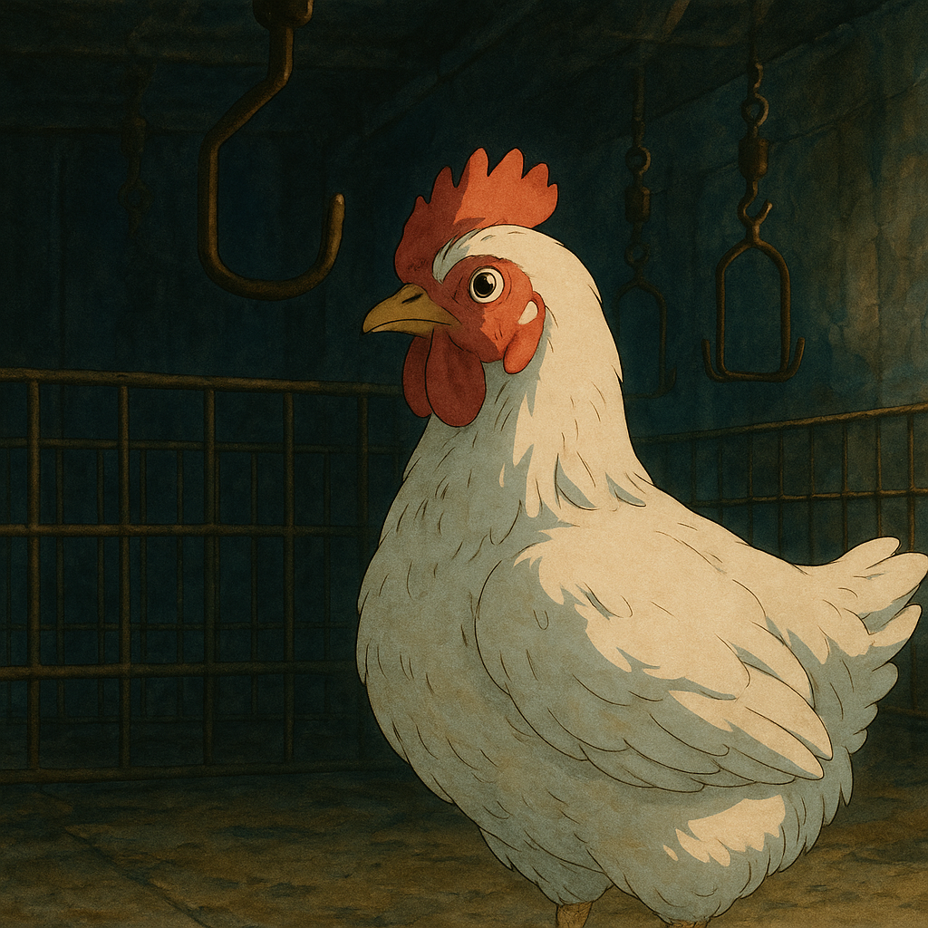 &ldquo;도축장을 향해 순하게 서 있는 닭 &ndash; 침묵 속 수탈을 상징하는 은유적 이미지&rdquo;