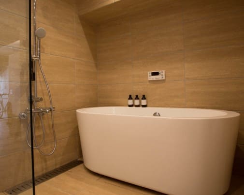 화장실에 샤워기와 흰색의 욕조가 있다