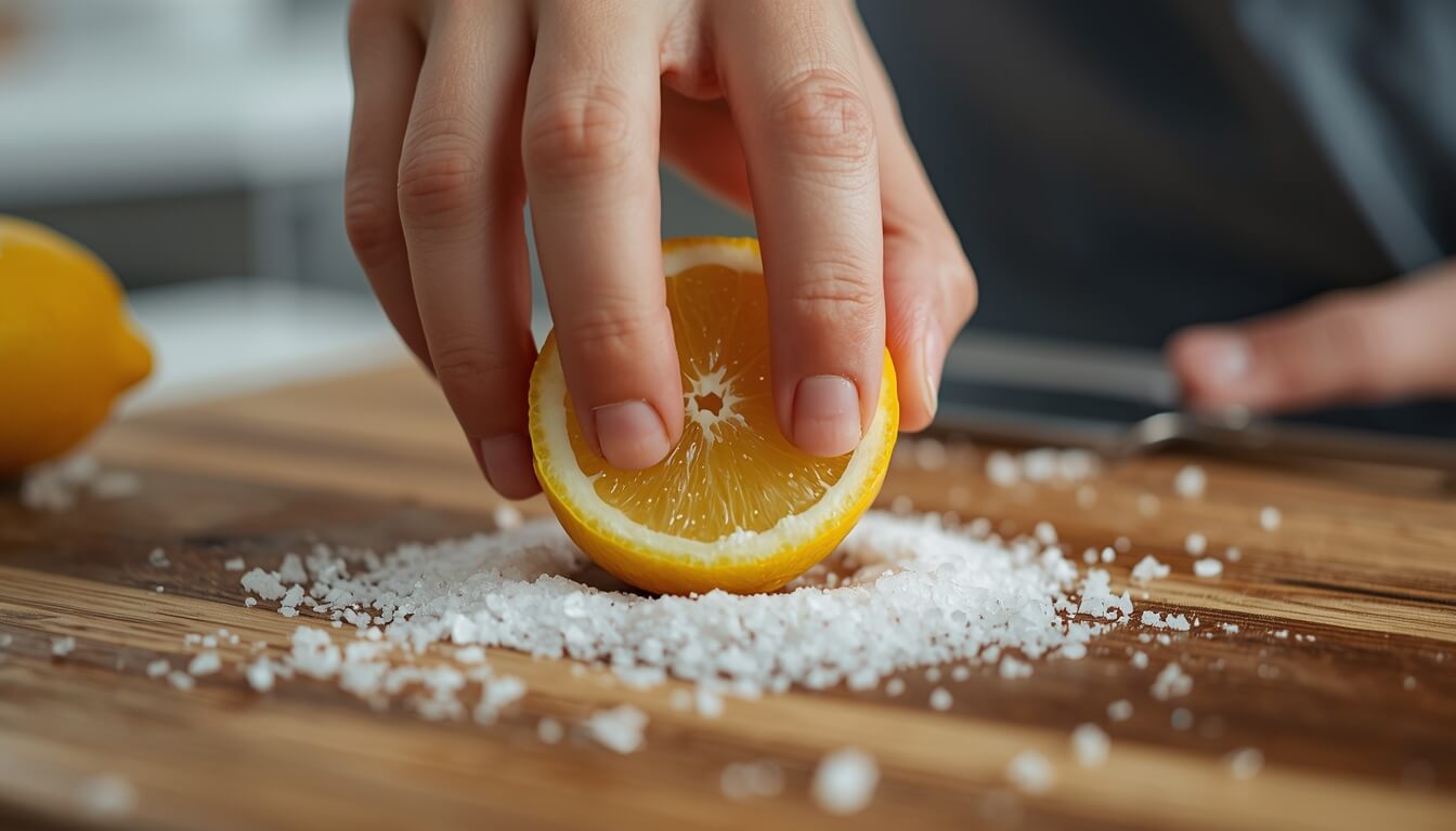 굵은소금을 뿌린 도마 위를 레몬으로 문지르는 살균 과정