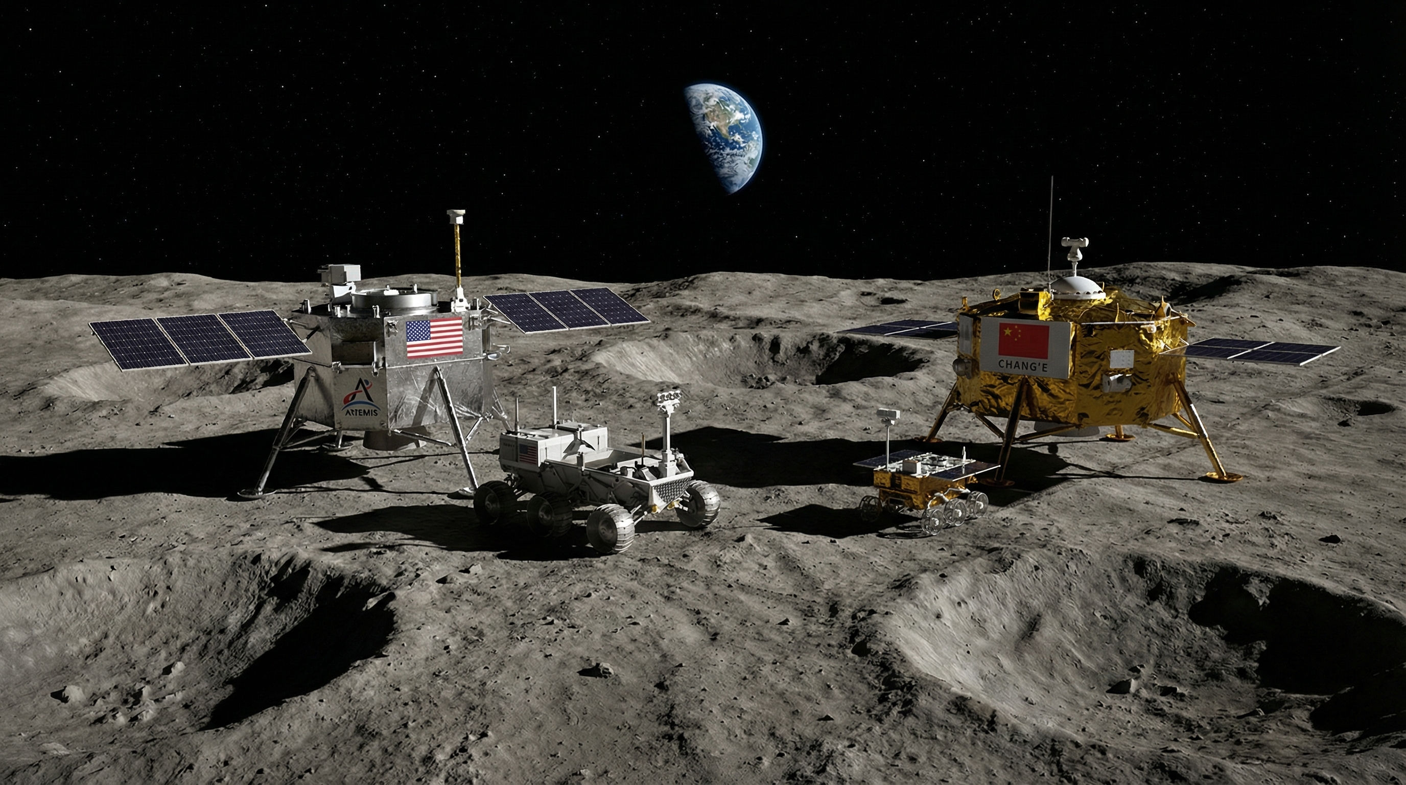 2026년 달 남극에서 대치 중인 미국 아르테미스 호와 중국 창어 호 탐사선의 사실적인 묘사