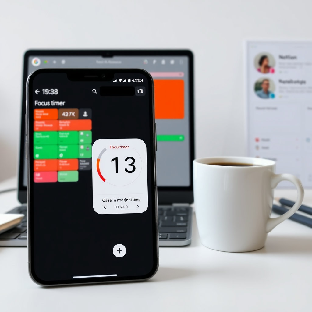 생산성 앱, 집중력 타이머, 구글 캘린더 일정 관리 화면, 포모도로 시계와 커피, 노션을 활용한 정리된 데스크탑