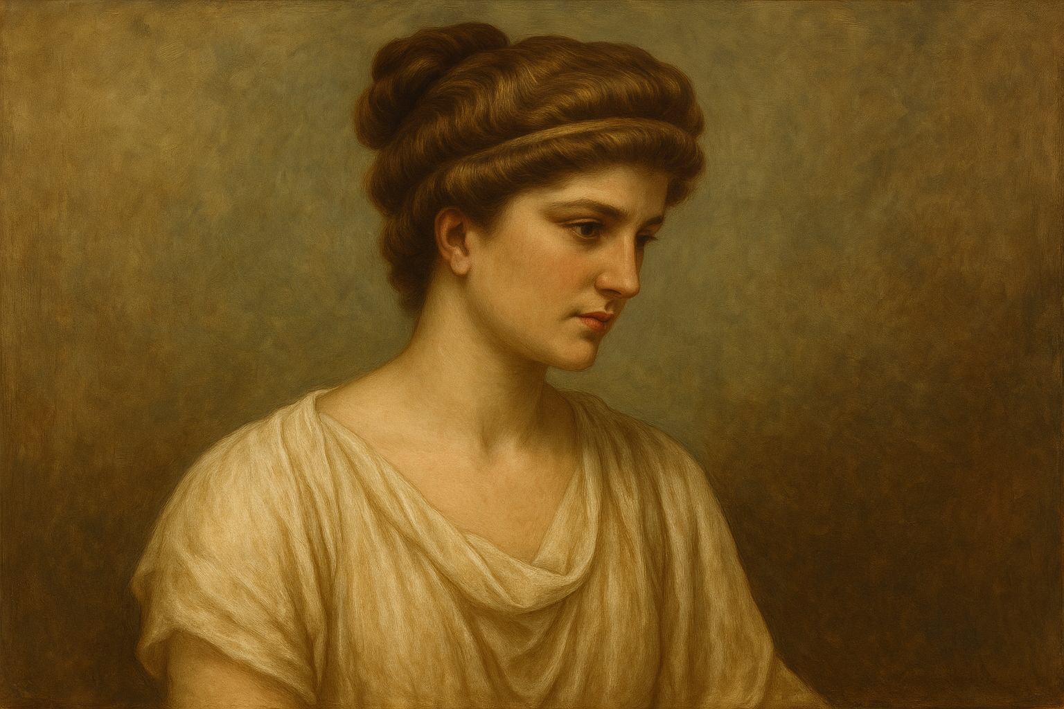 **&ldquo;히파티아가 고대 알렉산드리아 복장을 입고 책과 천문 도구 앞에 앉아 있는 유화 스타일의 초상화. 지적인 표정과 차분한 분위기로 철학자이자 학자로서의 품격을 표현함.&rdquo;**