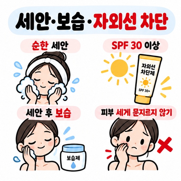 순한 세안 보습 SPF 30 이상 자외선 차단을 피부관리 기본 원칙으로 보여주는 카드