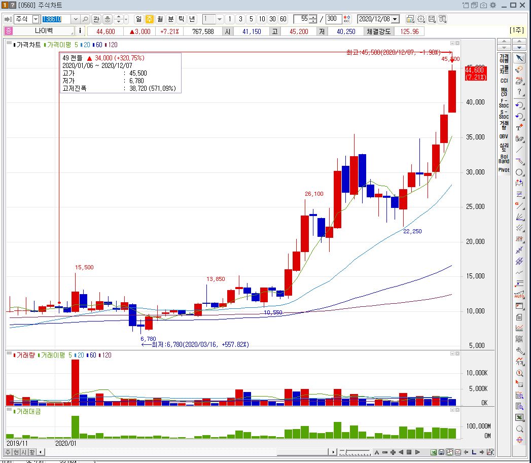 나이벡 주가 주봉 차트 흐름('20년)