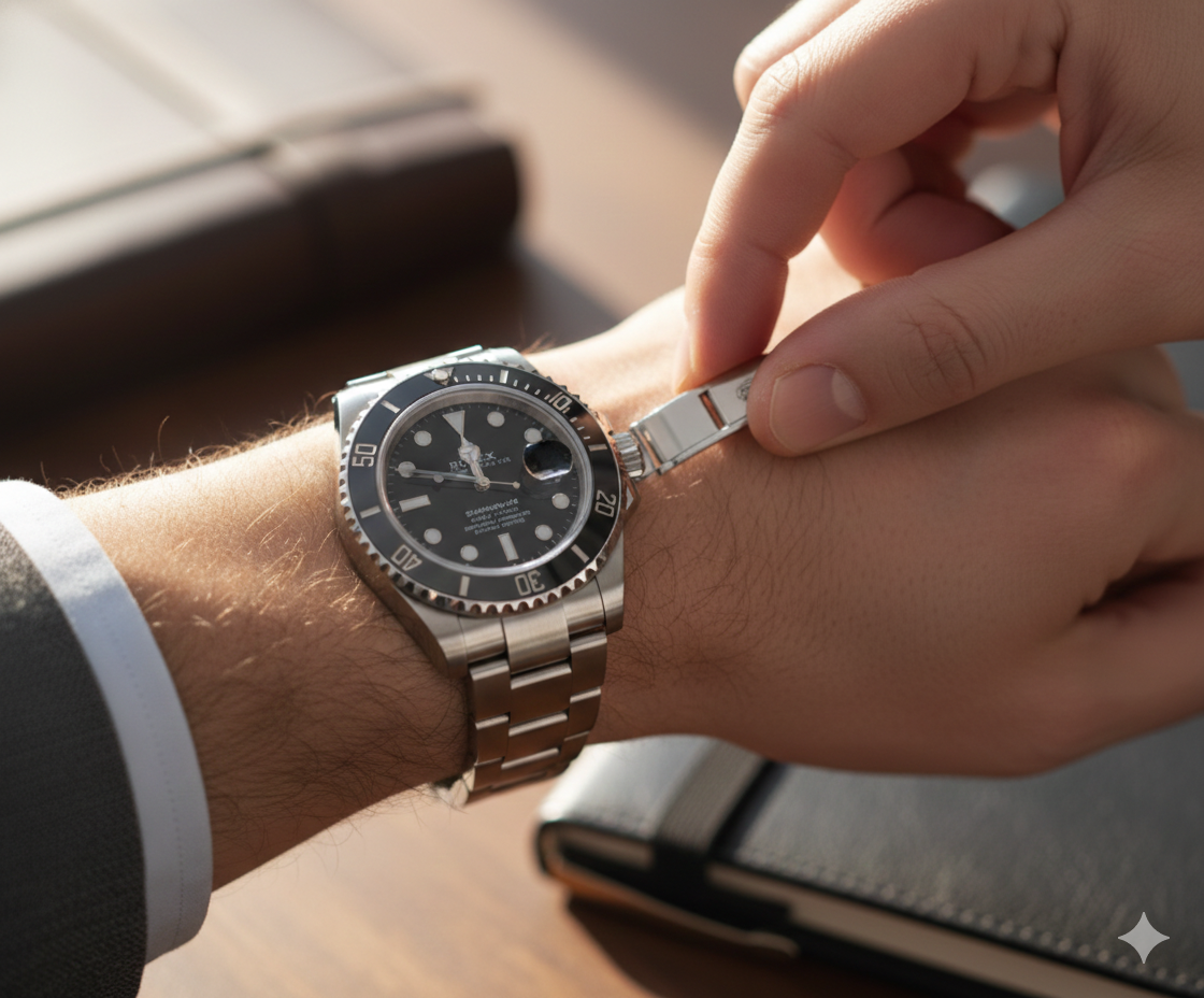 정장 소매가 보이는 남성의 손목에 롤렉스 서브마리너가 채워져 있는 클로즈업 사진