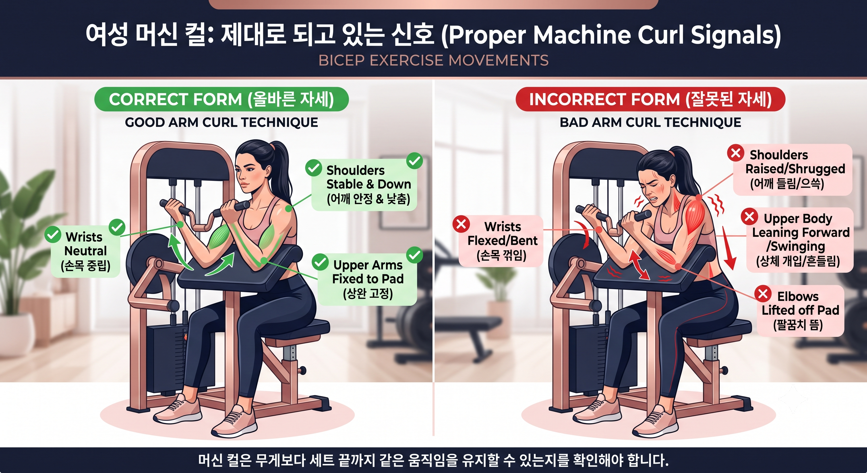 여성 머신 컬이 제대로 되고 있는 신호
