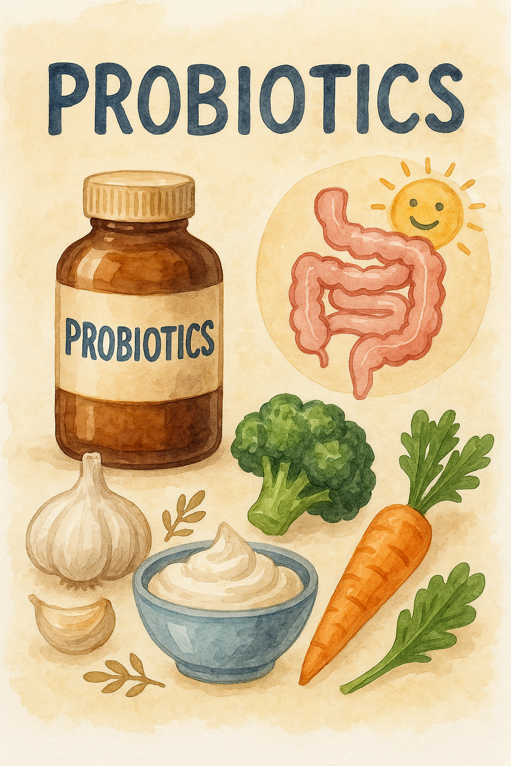 프로바이오틱스 섭취에 도움이 되는 식품들은 브로콜리, 당근, 마늘, 요거트가 있다.