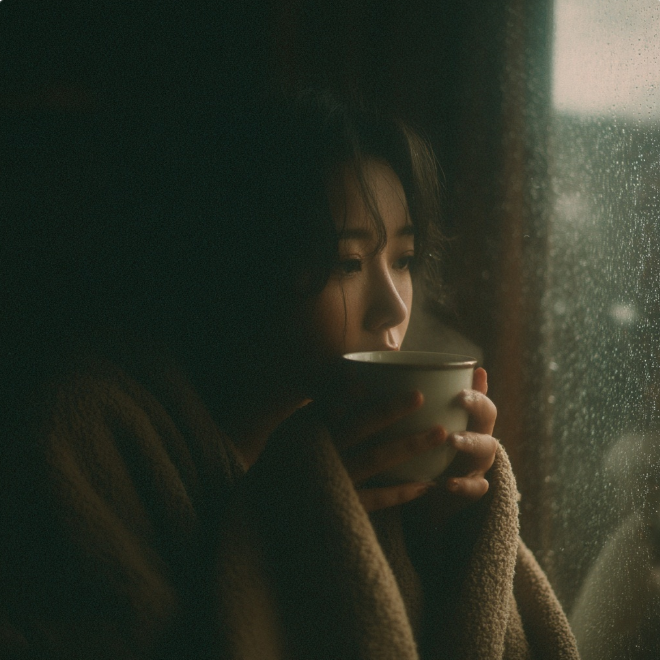 겨울 창가에서 쌍화차 마시는 여인