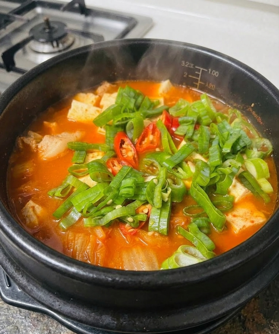 대파와 고추가 듬뿍 올라간 한국 전통 방식의 돼지고기 김치찌개 조리 완료 직전 이미지.
