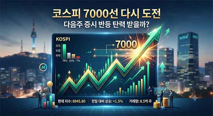 코스피 7000선 도전을 나타내는 상승 그래프 이미지.