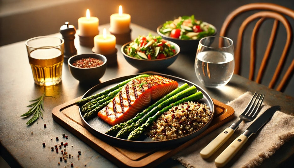 연어 구이, 퀴노아 샐러드, 구운 아스파라거스가 놓인 저녁 식단 이미지입니다. 체지방 감소와 근력 유지에 적합한 고단백, 저탄수화물 식단을 강조한 장면입니다.