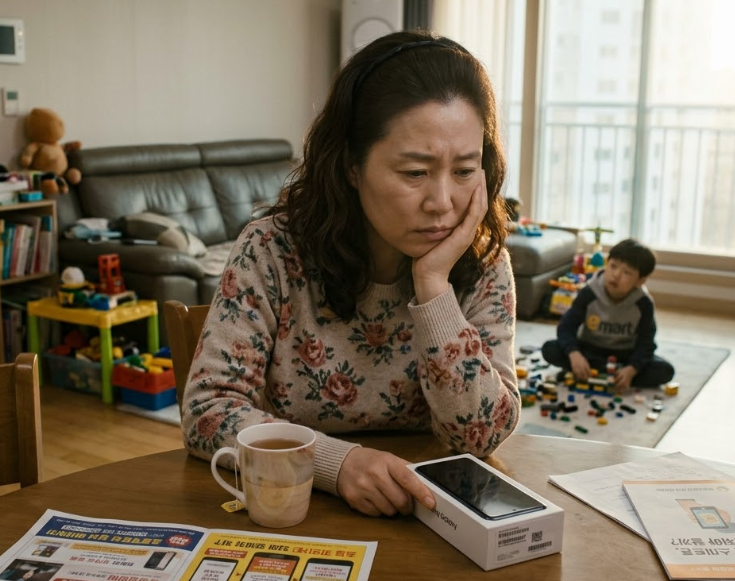 초등학생에게 스마트폰을 해줘야 하나 고민중인 엄마의 모습