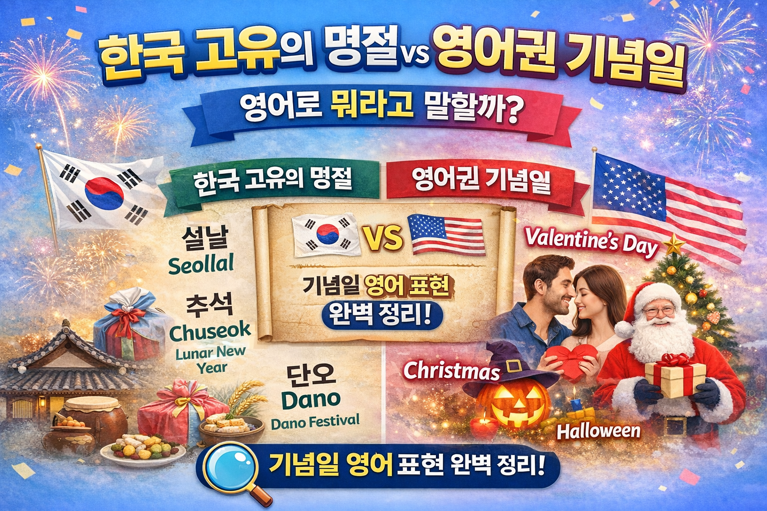 왼쪽에는 한국 국기와 한국의 명절을 뜻하는 물건, 음식, 전통 집이 있다. 오른쪽에는 미국 국기와 영어 문화권 기념일을 뜻하는 트리와 산타클로스, 남녀가 하트를 든 모습, 잭오랜턴 등이 있다. 설날, 추석, 단오. 기념일 영어 표현 완벽정리!