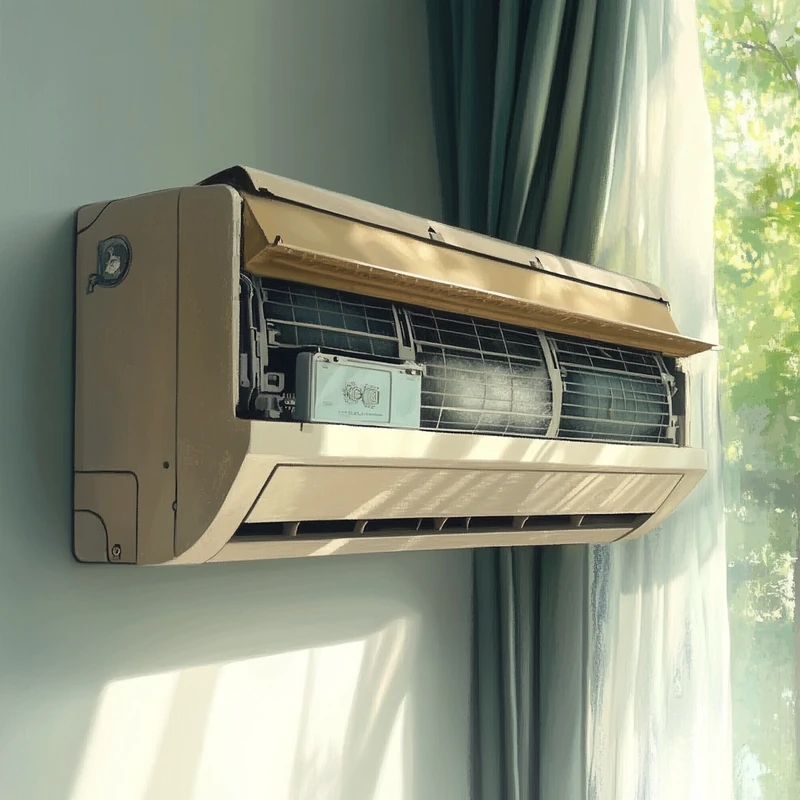 에어컨 전면 패널을 열어 내부의 먼지와 필터 시스템을 확인하는 모습. 섬세한 구조와 빛의 효과가 어우러져 숙련된 공예품처럼 보입니다. 공기청정, 필터, 청소 주기.