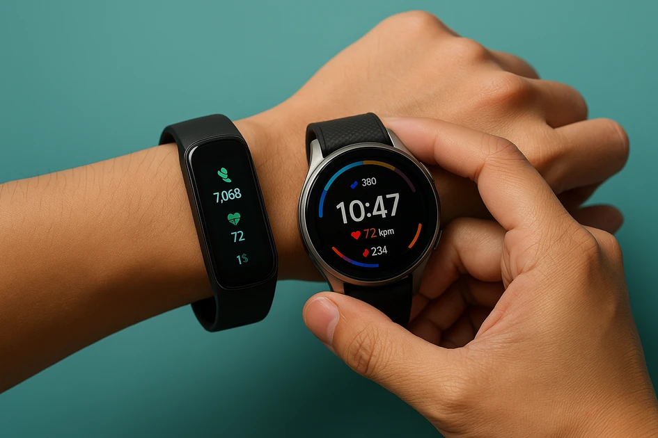 한국인이 손목에 착용한 피트니스 트래커와 스마트워치를 비교하며 건강 데이터 화면을 확인하는 모습