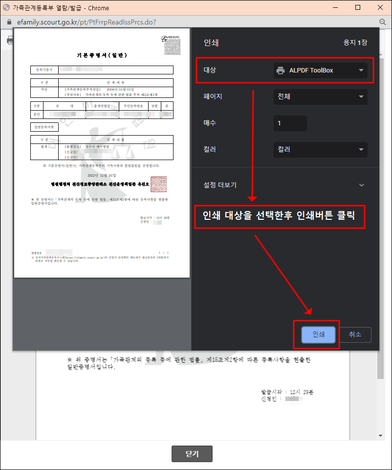 기본증명서 출력