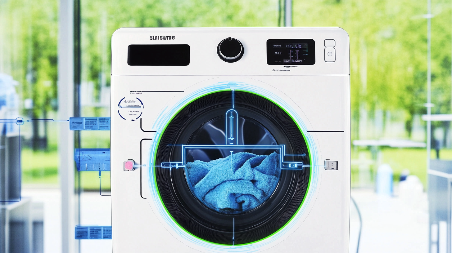 삼성 WF2420HCVVC 세탁기가 AI 기반으로 작동하는 장면, 스마트 센서가 원단을 감지하고 최적의 세탁 코스를 설정하는 모습