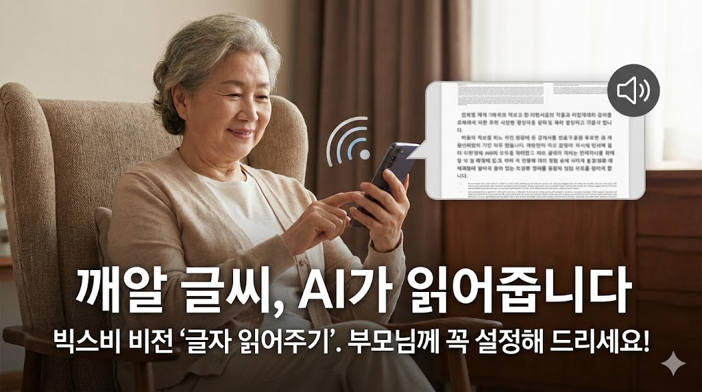 어르신이 편안하게 스마트폰의 글자 읽어주기 기능을 사용하는 모습을 담았습니다. "깨알 글씨, AI가 읽어줍니다"라는 카피와 함께 부모님을 위한 효도 기능임을 강조하여 감성적인 소구점을 더했습니다.