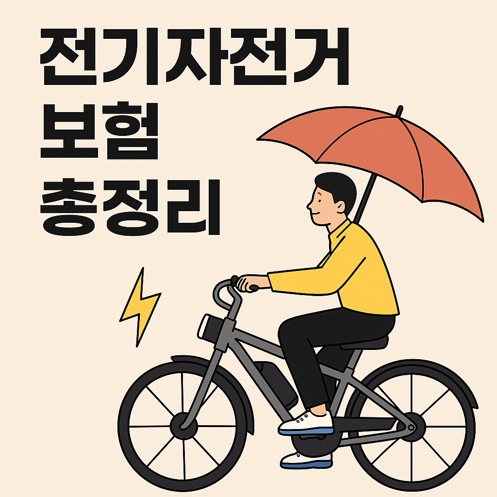헬멧을 쓴 남성이 전기자전거를 타며 보험에 대해 생각하는 만화 스타일 일러스트