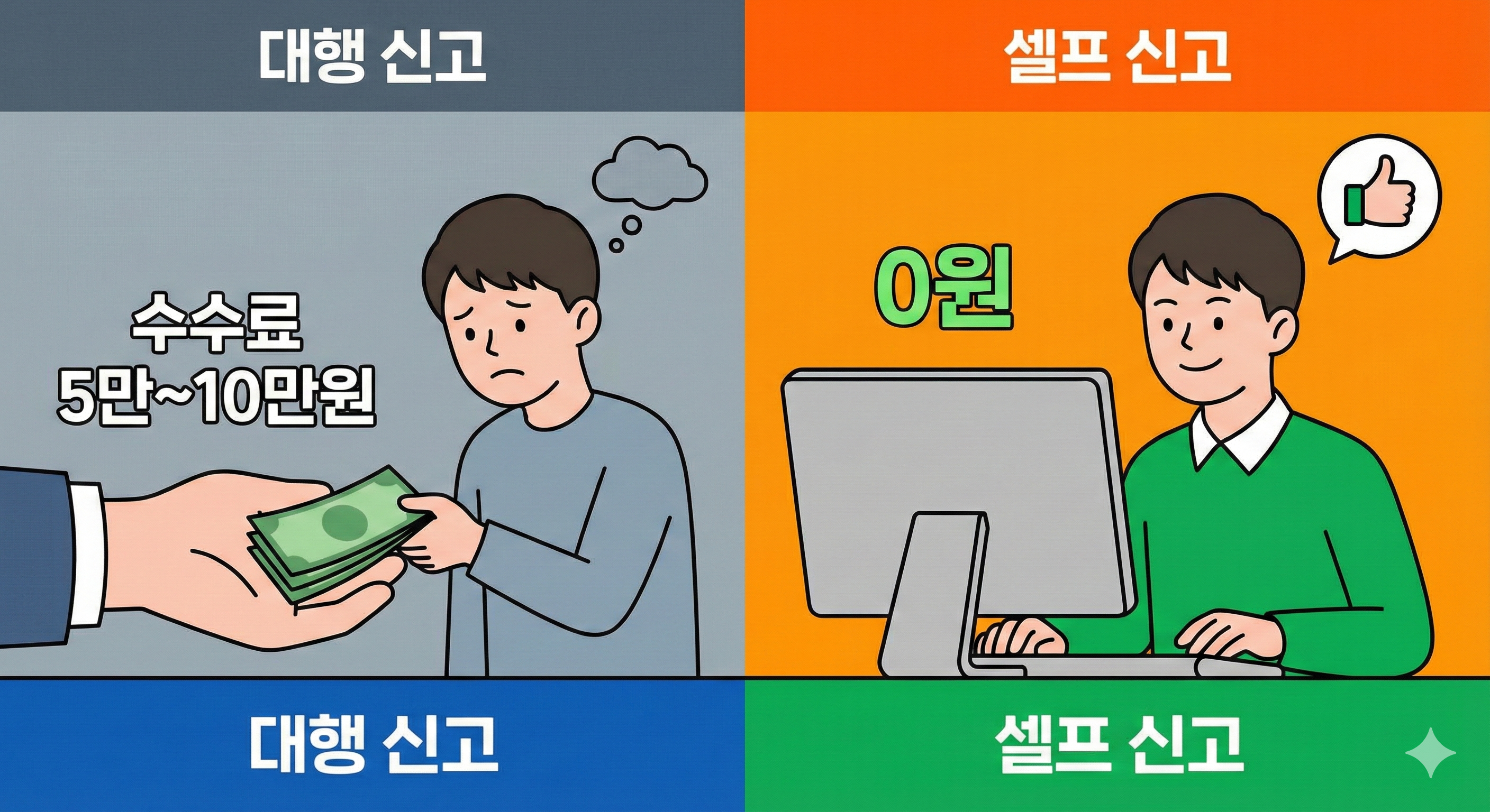 수수료 절감 비교 일러스트 대행 수수료를 지불하는 경우와 셀프 신고로 0원의 비용이 드는 경우를 직관적인 일러스트로 비교하여 셀프 신고의 경제적 이점을 강조했습니다.
