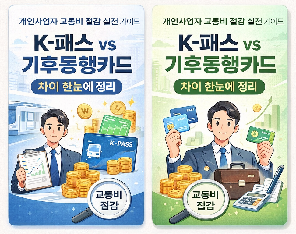 개인사업자가 교통비 고정비를 줄이기 위해 K-패스와 기후동행카드를 비교하는 장면을 표현한 일러스트