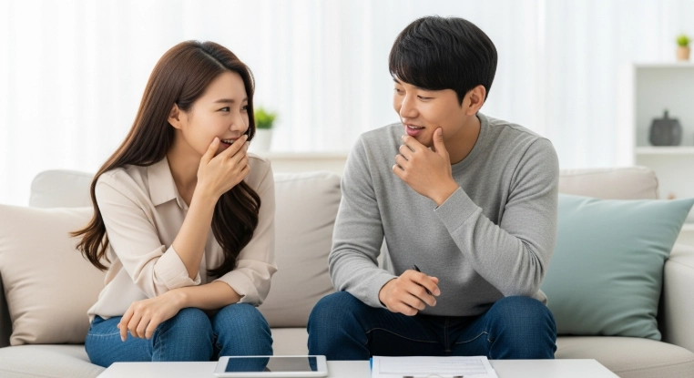 연말정산 누락 문제 해결 후 편안하게 대화하며 미소 짓는 한국인 남녀