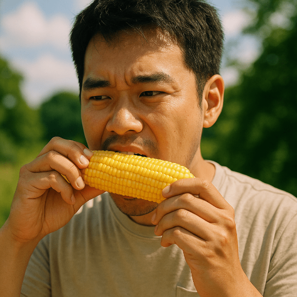 옥수수를 먹고 있는 남자의 모습