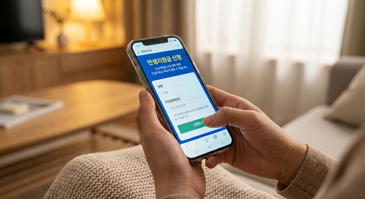 스마트폰으로 민생지원금 온라인 신청서를 작성하는 손의 모습. 간편한 신청 과정을 보여줍니다.