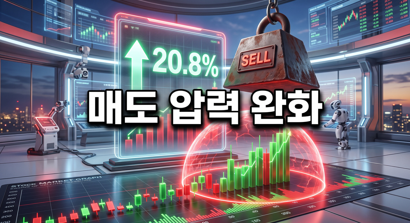 상승 화살표와 빛나는 '20.8%' 문구가 표시된 대형 디지털 전광판이 주식 시장 그래프 위를 짓누르던 '매도' 기호가 새겨진 무거운 쇳덩이를 들어 올리고 있으며, 상승하는 캔들 차트를 붉은 방패가 보호하는 3D 일러스트 배경에, 짙은 그림자와 외곽선으로 선명하게 강조된 '매도 압력 완화'라는 한글 문구가 중앙에 적힌 이미지