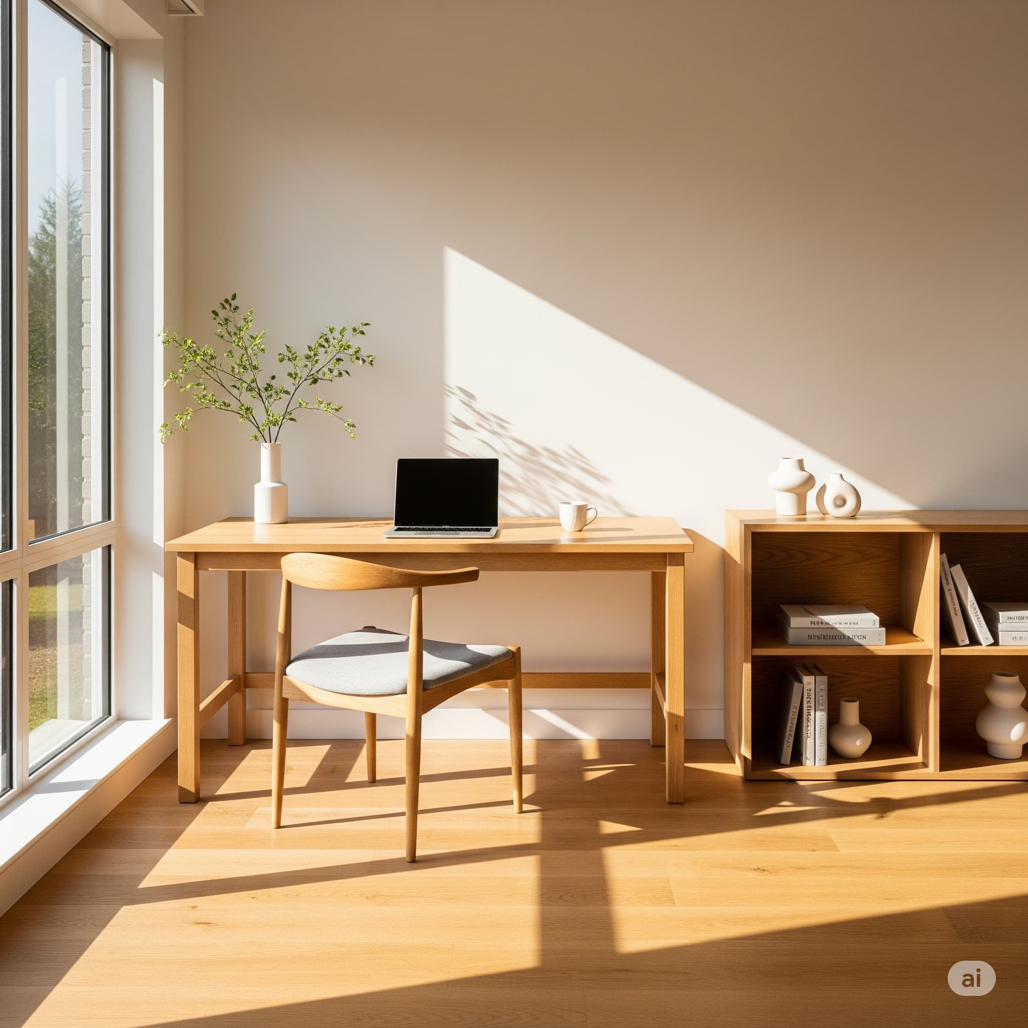 &ldquo;햇살이 드는 미니멀 인테리어 서재, 깔끔한 책상과 의자, 간결한 수납 &ndash; 고요하고 차분한 분위기&rdquo;